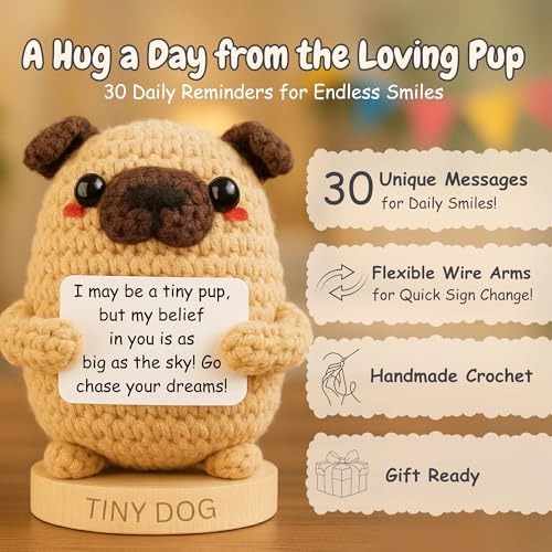 Dog lover Gifts for Women - Handmade Positive Crochet Animal W/ 30 Uplifting Signs - Funny Birthday Gifts for Dog Mom, Cute Present Idea for Women for Christmas, Emotional Support Office Desk Decor - color: Pup