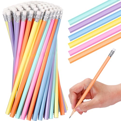 TecUnite 60 Pcs HB Pencils #2 Unsharpened Wood Cased Pencils with Eraser Hexagonal Pencil Cute Graphite No 2 Pen for Adults Gifts Exam School Office Sketching Learning(Macaron Color, Silver) - color: Macaron Color, Silver