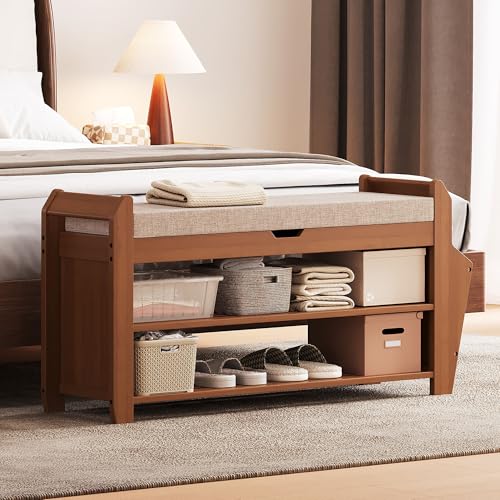 PETKABOO 31.5" Bamboo Shoe Rack Bench with Storage, 3-Tier Entryway Bench with Thick Cushion, Flip-Top & Side Baskets, Holds Up to 550 LBS for Hallway, Living Room, Bedroom - color: 31.5"