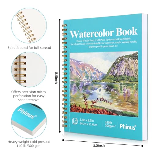 Phinus 30 Sheets Watercolor Sketchbook 5.5 x 8.5 Inch, Watercolor Paper Cold Press (140lb/300gsm), Spiral Bound Water Color Pad for Adults Kids, Mixed Media, Markers and Art Journaling (Pack of 3) - size: 5.5 x 8.5 inch (Pack of 3)