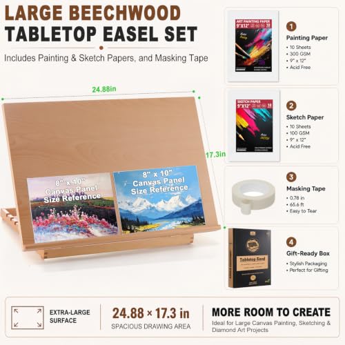 24.9"x17.3" Beechwood Tabletop Easel with Paint and Sketch Papers,Mask Tape | Extra Large Adjustable Art Easel Stand, Drawing Board for Painting, Sketching and Diamond Art - style: A2