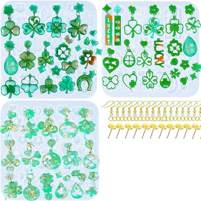 3 Pack St. Patrick's Day Resin Earring Molds Shamrock Earring Silicone Molds Irish Four-Leaf Clover Casting Epoxy Earring Resin Molds with 150 Earring Hook Kit for DIY Crafts Jewelry Making Keychains
