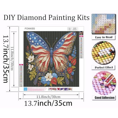 Diamond Art Painting Kits for Adults, Patriotic American Flag Butterfly Full Drill Diamond Dots Paintings for Beginners, Round 5D Paint with Diamonds Pictures Gem Art Painting Kits DIY Crafts Kits - color: Patriotic Butterfly