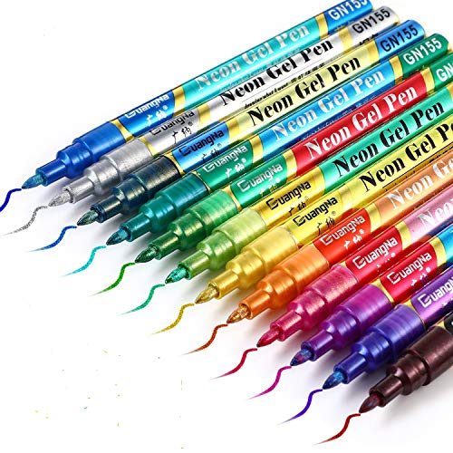Outus 12 Metallic Marker Pens, Double Line Paint Markers for Black Paper | Glitter Dual Tips, Vivid Ink for Card Making, Scrapbook, Photo Album, Signature Lettering, Art Projects on Dark Surfaces