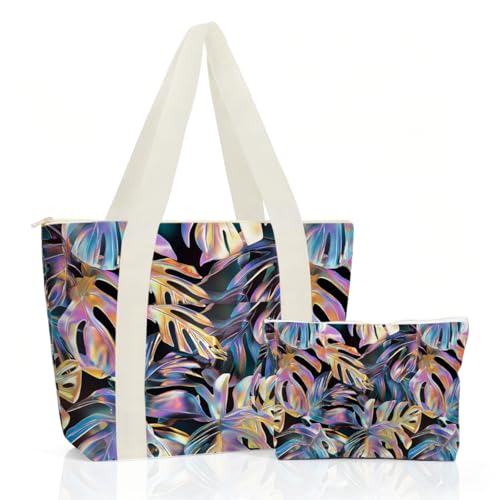 IAXIC Waterproof Tote Bag and Wet Bag Set, Summer Pattern Design for Beach Travel Gym Holiday Gifting - color: Gold Monstera Leaf Print