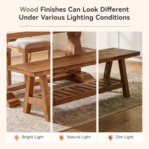 Solid Wood Dining Bench, 55-Inch Long Bench with Open Storage Shelf, 2-Tier Farmhouse Indoor Seating for Dining Room, Kitchen and Small Spaces, Brown