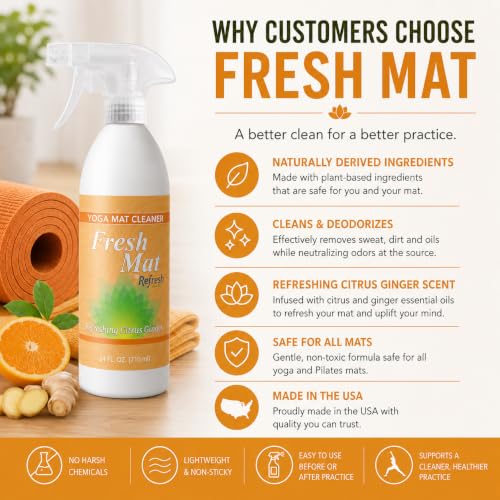 Fresh Mat Yoga Mat Cleaner Spray - Natural Deodorizing Cleaner for Yoga Mats & Fitness Equipment - No-Rinse, Residue-Free Formula with Witch Hazel & Essential Oil, Refreshing Citrus Ginger (24 fl oz). - size: 24 Fl Oz (Pack of 1)