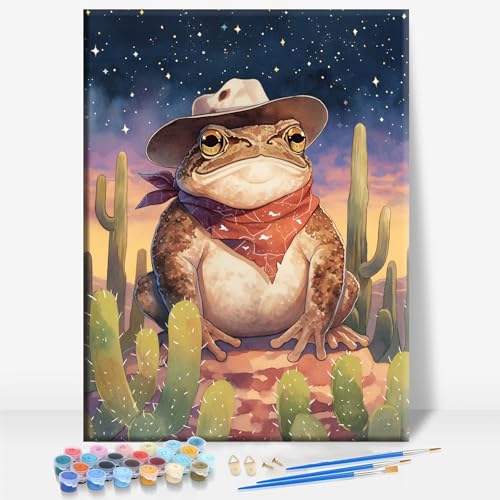 Aeontinity Cowboy Frog Starry Night Animal Framed Canvas DIY Paint by Numbers Kit Bar Cafe Cave Home Room Wall Bathroom Porch Patio Decor Gift, 16 x 12 Inch - color: COWBOY FROG STARRY NIGHT