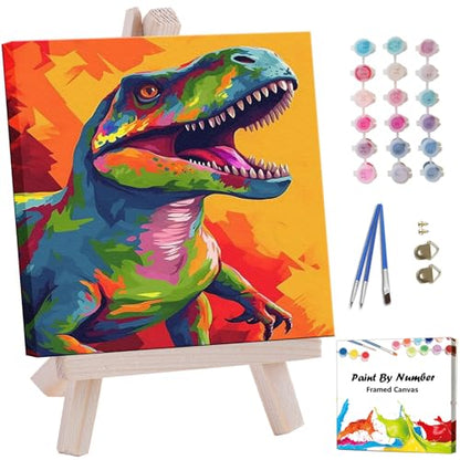 Artunion Framed Paint by Numbers Kit for Adults Beginners & Kids Ages 8-12,Colourful Dinosaur Paint by Number with Frame,Animals Paint by Numbers Kit on Canvas 10 * 10 Inch Without Easel - color: ZXT-183-F