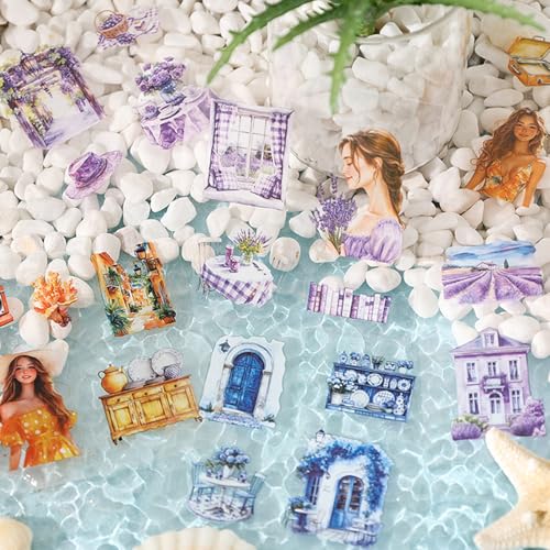 500PCS Scrapbook Stickers Kit, Retro House Coconut Tree Flowers People Transparent Waterproof Pet Stickers Set, Aesthetic Junk Journal Supplies for Scrapbooking, Journaling, Collage, DIY Art Crafts - color: Summer Rain and Sunshine