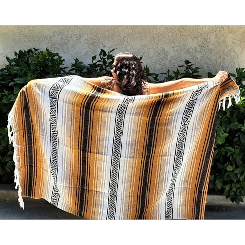 Open Road Goods Multi Color Mexican Falsa Blanket - Handwoven in Mexico - Great for The Beach, Picnics, Yoga, or a Throw! (Tan/Yellow) - color: Tan/Yellow