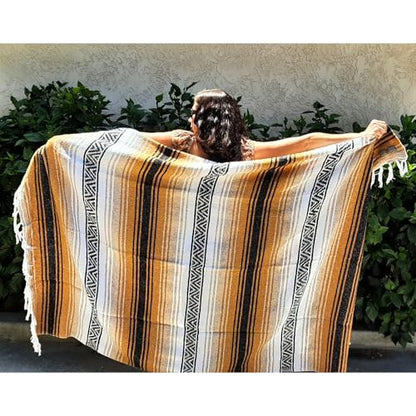 Open Road Goods Multi Color Mexican Falsa Blanket - Handwoven in Mexico - Great for The Beach, Picnics, Yoga, or a Throw! (Tan/Yellow) - color: Tan/Yellow