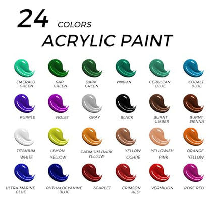 koseibal 24 Color Acrylic Paints Set with Tabletop Easel and Canvas Pad | Art Painting Supplies Kit for Kids & Adults, 24 Vibrant Acrylic Tubes, 4 Canvas Boards, 8 Brushes, Drawing Pad - color: 24x12ml+Easel-S