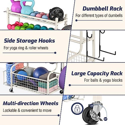 PLKOW Dumbbell Rack, Weight Rack for Dumbbells, Home Gym Storage for Dumbbells Kettlebells Yoga Mat and Balls, All in One Workout Storage with Wheels and Hooks, Powder Coated Finish Steel