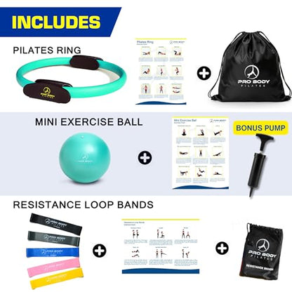 ProBody Pilates Kit — 14 Inch Ring, 9 Inch Ball, 4 Bands & Pump - color: Aqua