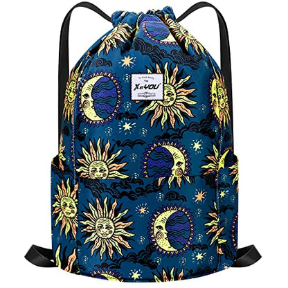 XEYOU Drawstring Backpack Bag Sport Gym Sackpack Beach Cinch Bag | Lightweight Swimming Bag, Water-Resistant Fabric, Travel Daypack for Women and Men - color: Sun and Moon Pattern