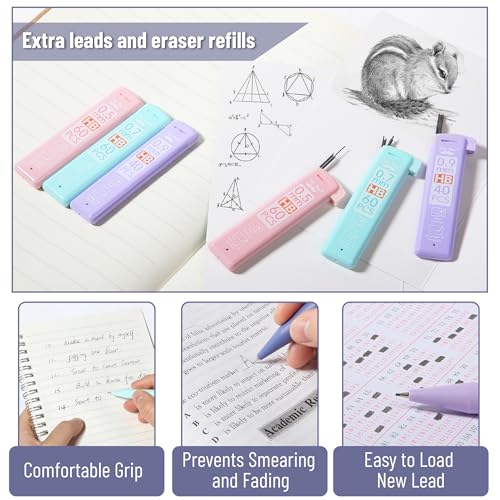 Mr. Pen- Pastel Mechanical Pencil Set with Lead Refills & Erasers, 6 Pack | 3 Sizes, 0.5 0.7 & 0.9mm, 6x Tubes HB Lead Refill, 3x Eraser for School Supplies, Students, Drawing & Sketching