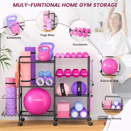 Dumbbell Rack, Weight Rack for Home Gym, Yoga Mat Storage Rack, Exercise Equipment Storage with Wheels and Hooks, Home Gym Equipment Organizer for Kettlebells - size: Standard