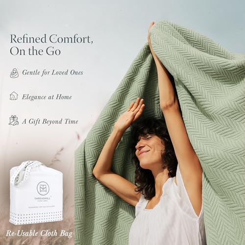 Threadmill Luxury 100% Cotton Twin Herringbone Blanket, Sage Green | All-Season Thermal Throw Blanket, Soft & Breathable, Cozy Moisture-Wicking, OEKO-TEX Certified, Machine Washable, 68x92 in - color: Sage Green, size: Twin (68" x 92")