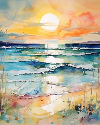 Sea Sunset Abstract Beach View Oil Painting Paint by Number Kits 16 x 20 inch Canvas Graffiti Beach Scenery DIY Painting for Kids Students Adults Beginner with Brushes Acrylic Pigment (Frameless) - color: Abstract Beach 03, size: 16''x20''(Frameless)