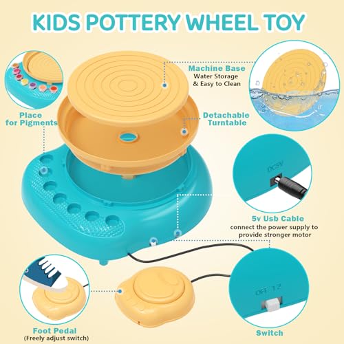 Pottery Wheel for Kids, Complete Kit with Air-Dry Clay, Ages 8-12 | Beginner pottery kit with air-dry clay, 12 paints, clay tools and apron - no kiln needed, screen-free craft gift ages 8-12 - color: Blue