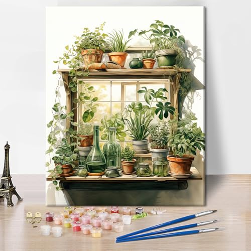 Paint by Number for Adults Green Plant, Paint by Numbers Kit for Adults Leaf, DIY Acrylic Paint by Numbers Kits on Canvas Potted, Acrylic Painting Kits Art Crafts 16"x20"(Frameless) - color: Green Plant