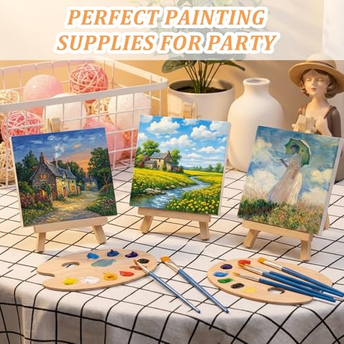 32 Pcs Mini Canvas and Easel Set, 4 x 4 Inch Canvas Panels with 6 Inch Wooden Easels, Art Canvases Painting Kit for Oil Acrylic Painting, Home Decor, Party Favors, Gifts