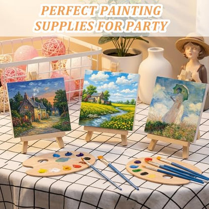 32 Pcs Mini Canvas and Easel Set, 4 x 4 Inch Canvas Panels with 6 Inch Wooden Easels, Art Canvases Painting Kit for Oil Acrylic Painting, Home Decor, Party Favors, Gifts