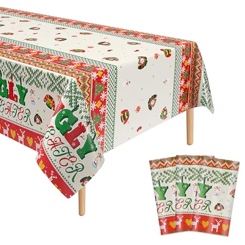 3Pcs Christmas Ugly Sweater Party Tablecloth, 51 x 86 Inch Xmas Snowflake Plastic Table Cover, Disposable Christmas Table Cloths for Winter, New Year, Ugly Sweater Party Decorations - color: Ugly Sweater