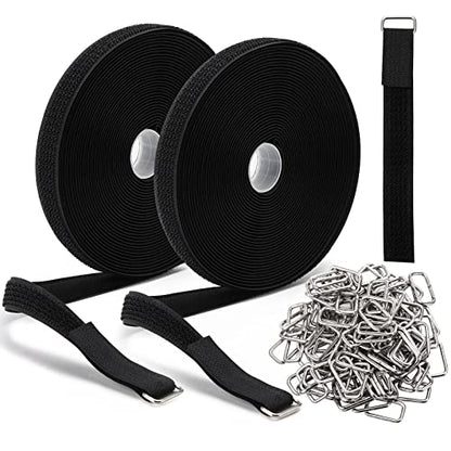 65 Ft x 3/4 Inch Hook and Loop Straps with 100 Metal Buckles, Nylon Fastening Cable Ties Adjustable Cinch Strap, Cut-to-Length, Black