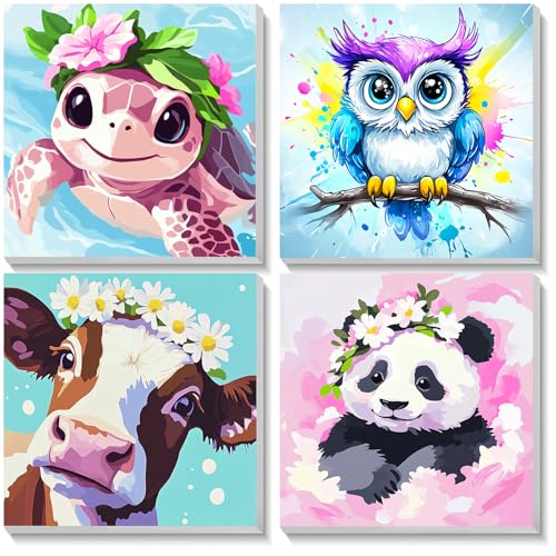 TOSTOG 4 Pack Paint by Number for Kids with Wooden Frame, DIY Cute Animals Paint by Numbers for Kids Ages 8-12, Acrylic Oil Painting Kits Easy Paint by Number for Gift Home Wall Decor 8in X 8in - color: Cute Animals