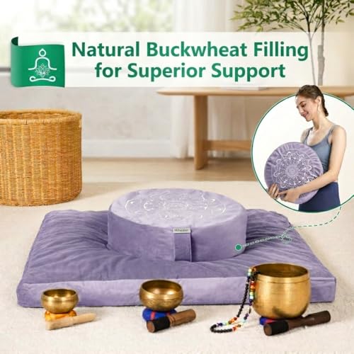 Hihealer Meditation Cushion, Traditional Tibetan Velvet Meditation Pillow | Buckwheat Yoga Bolster, Large Floor Cushion & Pillow for Adults, Zafu Zabuton Set, Zen Meditation Mat - color: Romantic Purple(set)
