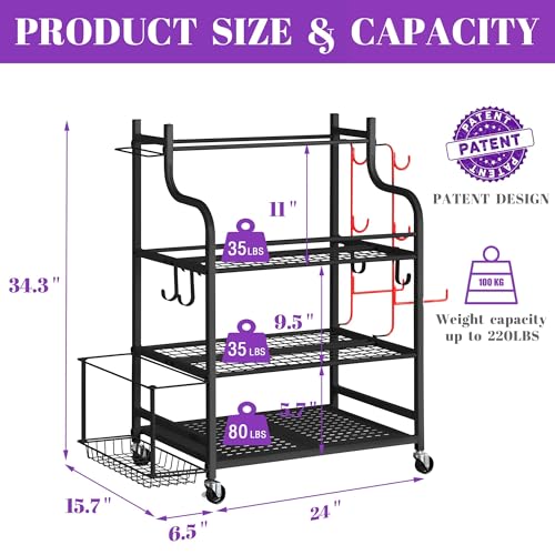 Mythinglogic 4-Tier Rolling Cart with 360° Wheels, Yoga Mat Storage Racks for Home, Gym Rack for Dumbbells Kettlebells Foam Roller, Yoga Strap and Resistance Bands, Workout Equipment