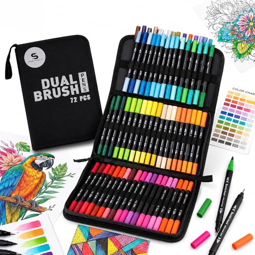 Simpson Storefront 72 Colors Dual Tip Art Markers Set - Fine & Brush Tip Pens for Adult Coloring Books, No Bleed, Bullet Journaling, Calligraphy, Sketching, Drawing - Dual Brush Pen Art Kit with Case