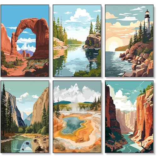 6 Pack Paint by Numbers Kit for Adults Beginner National Park 8x12 Inch | Without Frame Canvas, DIY Acrylic Painting by Numbers National Parks Landscape, Stress Relief Craft Kits, For Home Decor Gift - color: LKOP6P-1