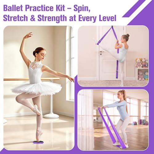Ballet Practice Kit - Turning Board, Stretching Strap & Resistance Band to Improve Turns, Balance, Spinning for Dance - color: PURPLE