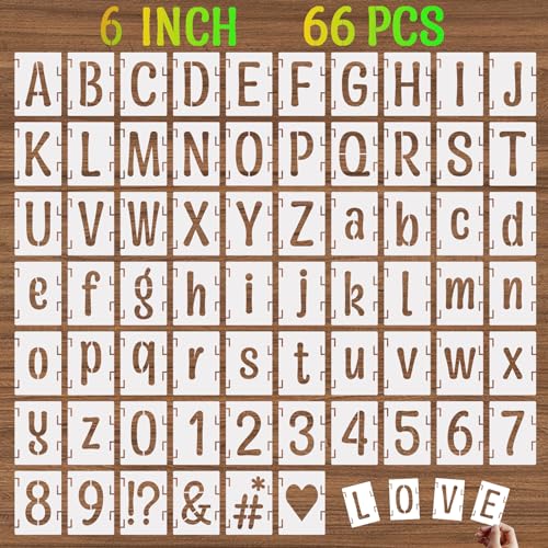 6 Inch Alphabet Letter Stencils, 66 Pcs Reusable Plastic Letter Number Symbol Interlocking Drawing Template Kit for Painting on Wood, Wall, Glass, Fabric, Signage, Door Porch - size: 6 Inch