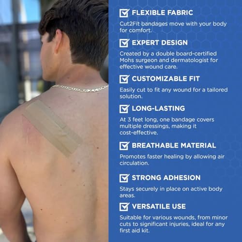 𝐂𝐮𝐭𝟐𝐅𝐢𝐭 𝐀𝐝𝐡𝐞𝐬𝐢𝐯𝐞 𝐁𝐚𝐧𝐝𝐚𝐠𝐞𝐬 - Flexible Fabric Bandage for Wound Care and First Aid, Long Lasting & Breathable - Custom Size for Minor Cuts and Scrapes, 1 Meter Long (Large) - size: Large