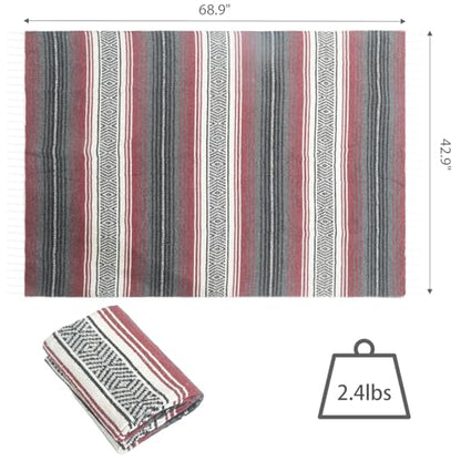 Handwoven Mexican Blanket - Lightweight Yoga, Beach, Camping & Picnic Blanket - Durable Blanket for Outdoor, Equestrian & Home Decor (Burgundy)