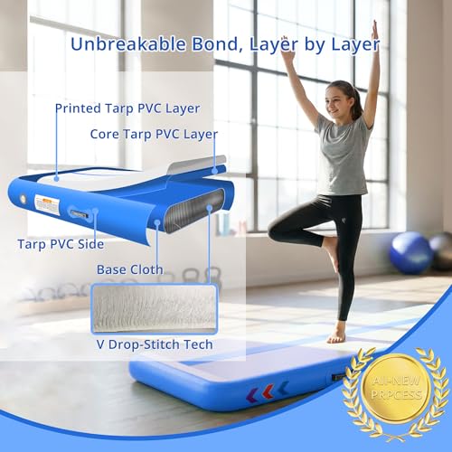 6.56/10/13/16/20 ft Air Tumble Track Mat for Gymnastics Training | Inflatable Gymnastics Mat, 4/6/8 inches Air Tumbling Mats for Home Use, Cheerleading, Water Yoga with Electric Air Pump - color: Blue, size: 13ft x 3.3ft x 6inch