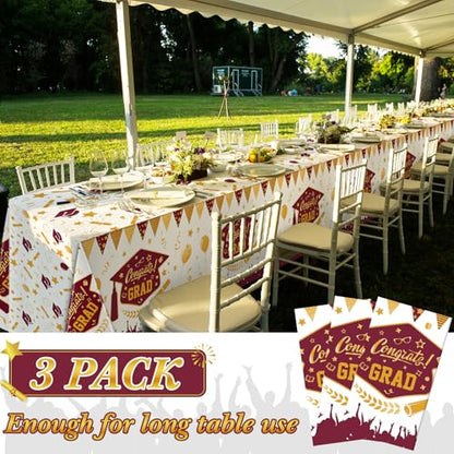 Kinlop 3 Pcs Graduation Tablecloths Class of 2026 Graduation Party Decoration Supplies 51" x 108" Plastic Congrats Grad Table Covers Disposable Graduate Tablecloths(Maroon, Gold) - color: Maroon, Gold
