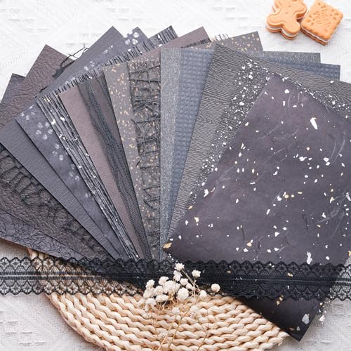 15Pcs Handmade Scrapbook Art Paper Craft Textured Paper Colorful A5 sheet Mesh Special Mix for Scrapbooking Junk Journal Journaling Supplies DIY Materials,5.8x8.2 inches (Black)