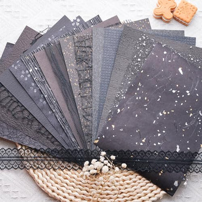 15Pcs Handmade Scrapbook Art Paper Craft Textured Paper Colorful A5 sheet Mesh Special Mix for Scrapbooking Junk Journal Journaling Supplies DIY Materials,5.8x8.2 inches (Black)