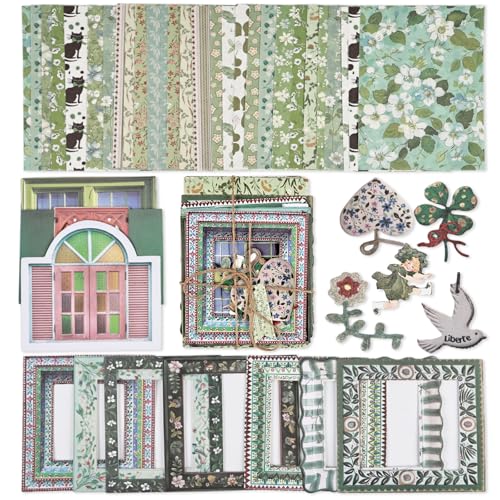 Diuhofart Scrapbooking Supplies Kit, 45 Pieces Green Aesthetic Junk Journal Kit with Scrapbook Paper, Embossed Collage Cards and Stickers for Journaling Supplies, DIY Art Craft, Collage - color: 45 Green Scrapbooking Supplies Kit