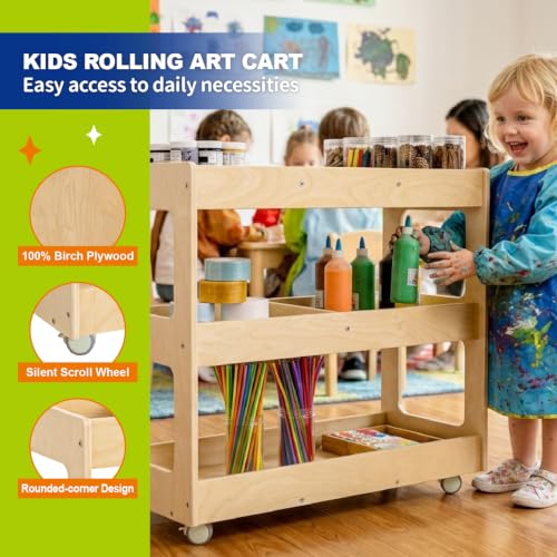 3-Tier Wooden Art Cart Organizer on Wheels for Kids | Rolling Craft Cart, Montessori Furniture, Multi-Functional Birch Plywood Art Supply Cart for Office, Nursery & Classroom