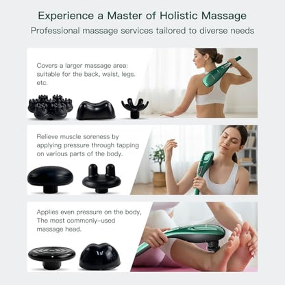 MEGAWISE Cordless Handheld Back Massager w/Rechargeable 3200mAh Battery, 5 Speed and 5 +2 Massage Nodes with Hard, Medium and 2 Soft Silicone Nodes; Massage While Moving Around (Dark Green) - color: Dark Green