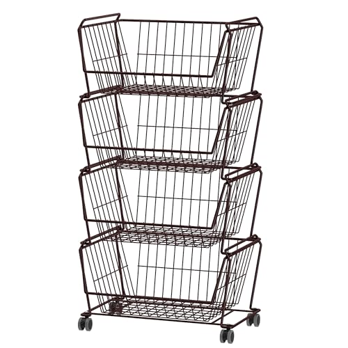 PUSDON 4-Tier Large Stackable Wire Storage Baskets with Wheels, Metal Rolling Utility Cart Organizer, Produce Basket for Kitchen Pantry, Floor Shelf, Vintage Bronze - color: Vintage Bronze, size: 4 Tier Plus