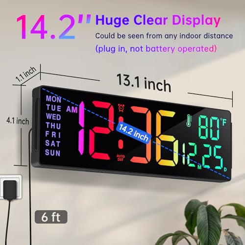 Soobest 14.2 Inch Electric Digital Wall Clock, LED Large Display | Date, Day, Temp, 8-in-1 Color Changing Big Clock for Elderly, Auto DST, Remote Control Timer for Living Room Classroom Gym - color: 14.2” Multicolor