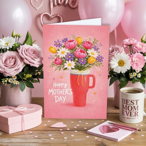 Floral Mother’s Day Card Funny Flower Bouquet Elegant Pink Mug Happy Mothers Day Gift for Mother Mama Her Bonus Mom Stepmom Wife Mom Cards Appreciation Gifts from Daughter Son Greeting Card 5.3''x8" - color: A102