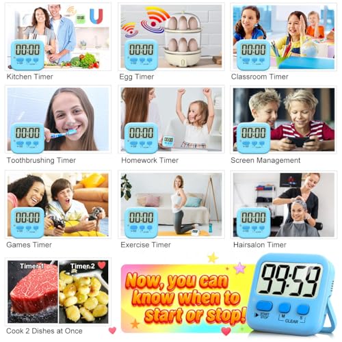 Antonki 2 Pack Digital Timer for Kids Classroom Kitchen Timers for Cooking | w/ Battery, Easy to View, Alarm, Mute Mode, Count Down/Up, Magnetic, Kickstand, Hanging, Classroom Timer for Teacher Supplies - color: Clear Blue